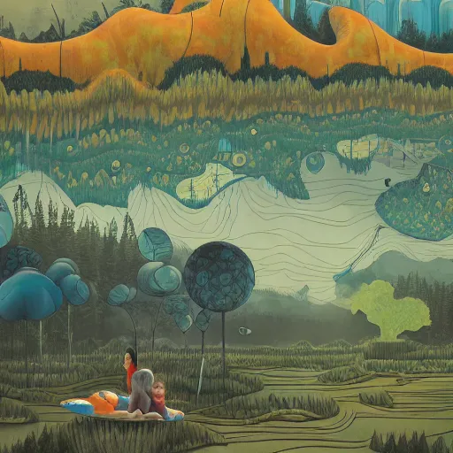 Prompt: inflatable landscape with forest, river and mountains floating child dreams and wishes , concept art, huge scale, high detail, sci fi by James Jean