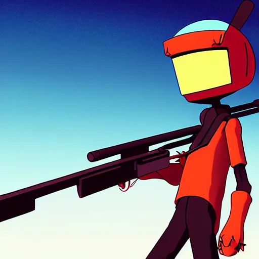 Prompt: canti from flcl anime holding a valorant style sniper rifle. character design. digital art. masterpiece.