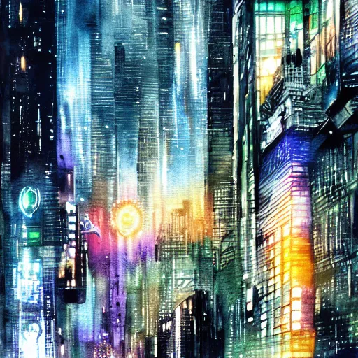 Image similar to futuristic Sci-fi cyberpunk city at night in the rain. Watercolour