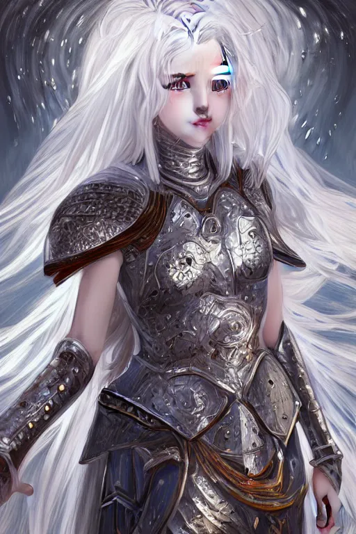 Image similar to portrait white hair knights of zodiac girl, sliver ice color reflected armor, in ruined agora of athens sunrise, ssci - fi and fantasy, intricate and very very beautiful and elegant, highly detailed, digital painting, artstation, concept art, smooth and sharp focus, illustration, art by tian zi and wlop and alphonse mucha