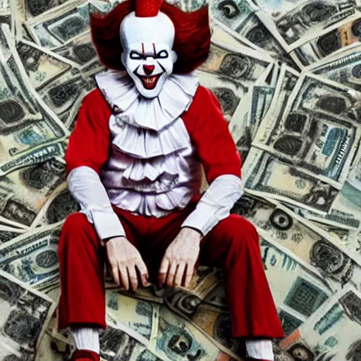 Prompt: Pennywise the clown wearing a suit and holding a stash of banknotes in his hands, full body shot