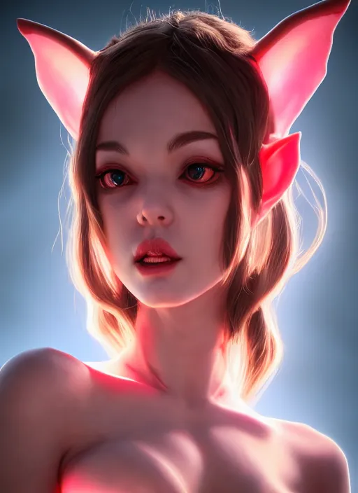 Image similar to imp demon goddess, cute elf ears, strapless dress, character portrait in the style of thomas river and artgerm, cinematic lighting, hyperdetailed, 8 k realistic, symmetrical, global illumination, radiant light,, frostbite 3 engine, cryengine, dof, trending on artstation, digital art, chanel