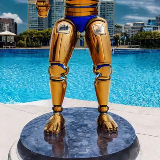 Prompt: a realistic detailed photo of a guy who is an attractive humanoid who is half robot and half humanoid, who is a male android, wrestler zack ryder, shiny skin, posing like a statue, blank stare, by the pool, on display, showing off his muscles, humanoid robot, frozen ice statue