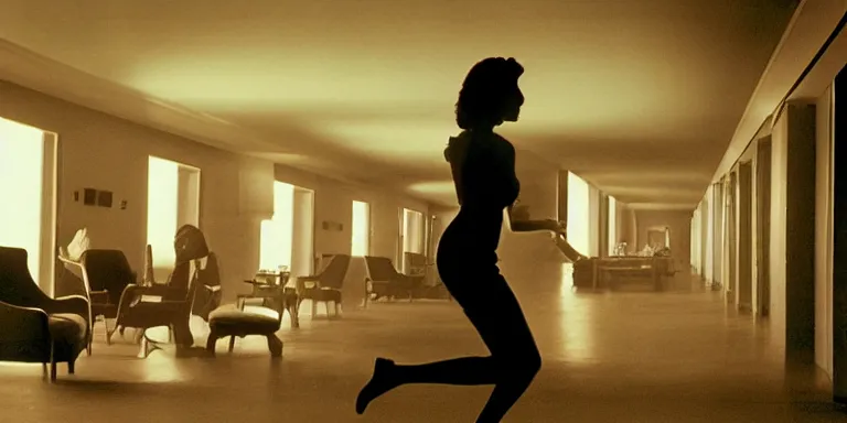 Prompt: photorealistic Cinematography of a Beautiful woman running down a 60's hotel hallway that's being flooded with a torrent of blood at night in a mid century modern apartment shot on film at magic hour with the sun shining god rays shining into a large 60's hotel lobby room filled with volumetric haze by the shining Cinematographer john alcott on a cooke panchro 18mm lens and shot on eastman kodak 5254 color 35mm film