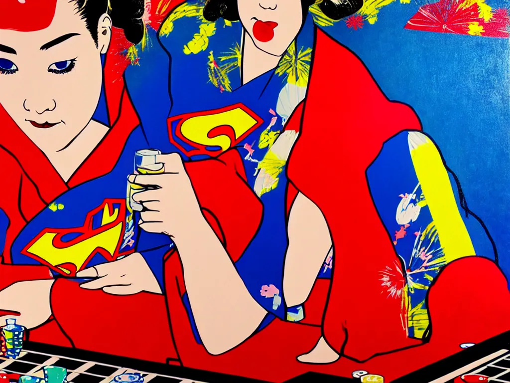 Image similar to hyperrealism composition of the detailed woman in a japanese kimono sitting at a poker table with superman, fireworks on the background, pop - art style, andy warhol style, acrylic on canvas