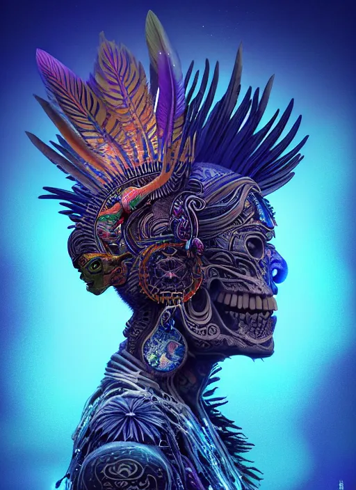 Image similar to 3 d shaman with tattoos profile portrait, sigma 5 0 0 mm f / 5. beautiful intricate highly detailed quetzalcoatl skull and feathers. bioluminescent, plasma, frost, water, wind, creature, gradient background, thunderstorm! artwork by tooth wu and wlop and beeple and greg rutkowski, 8 k trending on artstation,