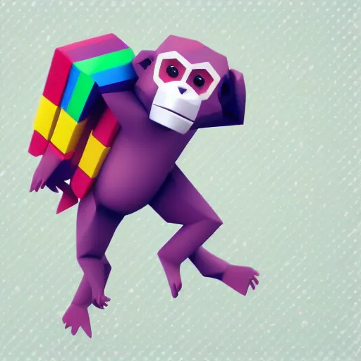 Image similar to A brightly coloured, cute isometric low polygon 3d render of a [monkey hiding his eyes with his hands 🙈], white background, ambient occlusion, chibi, angular