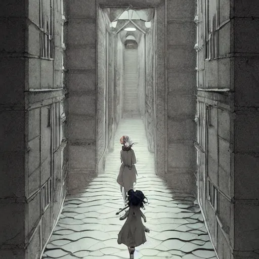 Image similar to a creepy porcelain doll - like woman walking through a bright white staircase with many doors and hallways, mc escher architecture, very detailed background, epic composition, anime key visual, anime style, by makoto shinkai