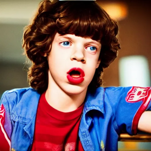 Image similar to Mick Jagger as Dustin in Stranger Things, red and blue light