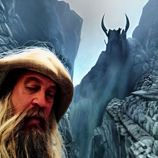 Image similar to Selfie taken by an overconfident Gandalf the Grey on the Bridge of Khazad Dum, a balrog looming in the background,