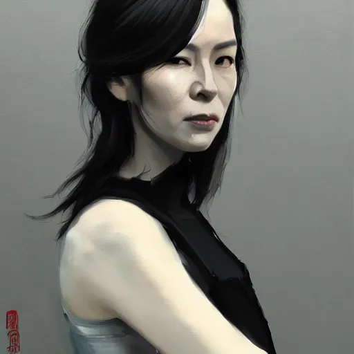 Image similar to Portrait of a woman by Greg Rutkowski, she is about 50 years old, japanese, black straight hair, attractive, elegant, airs of superiority, she is wearing black and white utilitarian jumpsuit, highly detailed portrait, digital painting, artstation, concept art, smooth, sharp foccus ilustration, Artstation HQ.