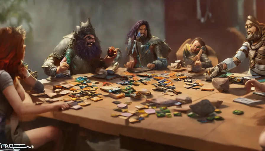 Image similar to concept art of role - playing game players around a table, rolling d 2 0 sides dice. macro. unreal engine 5. octane render. vray. arnold. maya. 1 8 mm lens. gopro, low angle, wide lens. trending on artstation. depth of field. colorful. d & d. centered image.