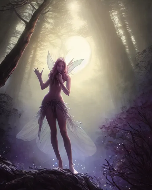 Image similar to attractive fairy goddness fly high in the night, d & d, fantasy, mist, full moon in background, trees, hyper detailed, art by artgerm and greg rutkowski and magali villeneuve, midium shot, 8 k realistic, cryengine, digital painting, trending on artstation, concept art, sharp focus, illustration,