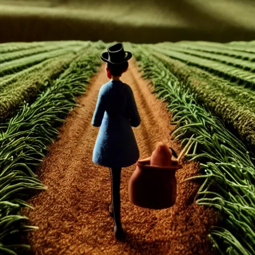 Prompt: a cinematic film still of a claymation stop motion film starring anne hathaway as female farmer, shallow depth of field, 8 0 mm, f 1. 8