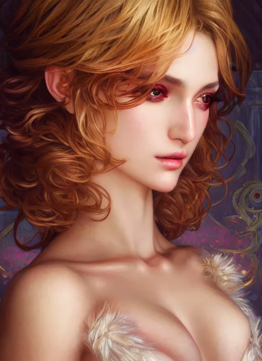 Prompt: glamorous aries from final fantasy portrait, bra, seductive eyes and face, elegant, lascivious pose, very detailed face, studio lighting, photorealism, portrait by Magali Villeneuve and Steve Argyle,Livia Prima,Mucha,dress,fantasy art,beautiful,artstation,trending on artstation,intricate details,alluring,masterpiece