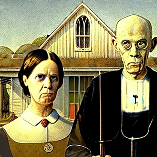 Prompt: baphomet and aleister crowley in the style of american gothic