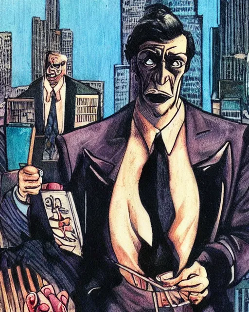 Prompt: sinister male antagonist in suit, wealthy high - rise apartment, artwork by ralph bakshi