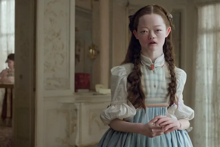 Image similar to mid-shot of Mackenzie Foy as the maid in the new movie directed by Wes Anderson, symmetrical shot, idiosyncratic, relentlessly detailed, limited colour palette, detailed face, movie still frame, promotional image, Wes Anderson, imax 70 mm footage