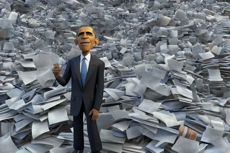 Image similar to obama nervously standing by a mountain of papers, still from a pixar movie, high quality 3 d render, movie, pixar, renderman, 4 k, artstation