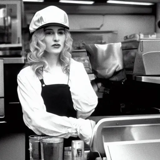 Image similar to picture of a 2 4 - year old madonna's famous 1 9 8 4 cameo as a mcdonald's worker in trading places, ( eos 5 ds r, iso 1 0 0, f / 8, 1 / 1 2 5, 8 4 mm, postprocessed, crisp face, facial features )