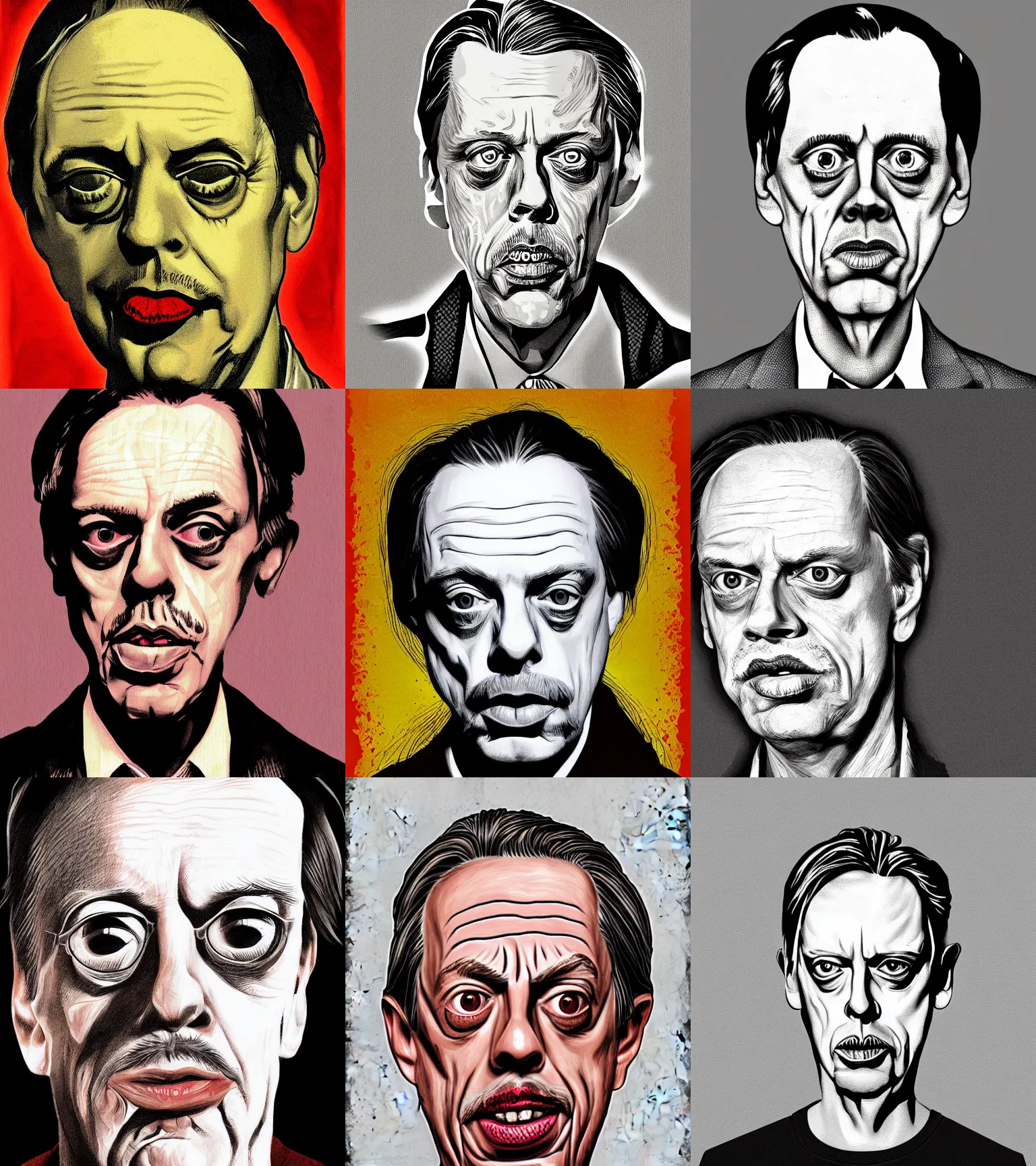 Prompt: portrait of the face of Steve Buscemi, illustration style of William S Burroughs