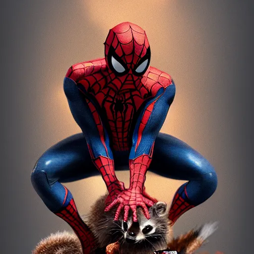 Image similar to spider - man sit on the raccoon and eating donuts, concept art, trending on artstation, highly detailed, intricate, sharp focus, digital art, 8 k