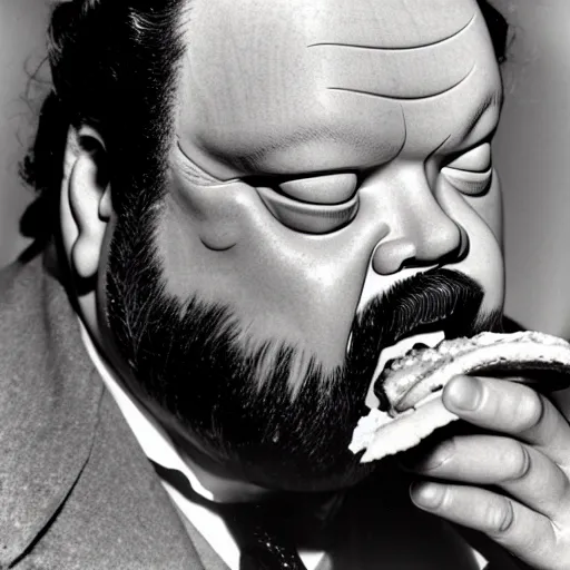 Prompt: portrait of orson welles eating a hamburger, wood sculpture,
