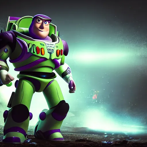 Image similar to Buzz Lightyear in 'Gears of War', splash art, movie still, cinematic lighting, detailed face, dramatic, octane render, long lens, shallow depth of field, bokeh, anamorphic lens flare, 8k, hyper detailed, 35mm film grain