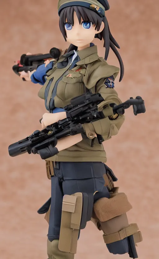 Prompt: toy photo, grabbing a rifle, school uniform, portrait of the action figure of a girl, anime character anatomy, small blue eyes, figma by good smile company, collection product, dirt and smoke background, flight squadron insignia, realistic military gear, 70mm lens, round elements, photo taken by professional photographer, trending on instagram, symbology, 4k resolution, low saturation, realistic military carrier