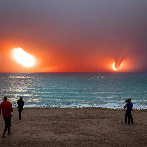 Image similar to a press photography tourists escaping a Crimean beach ⛱️ , explosions in the background, dark smoke in the distance, blue sky