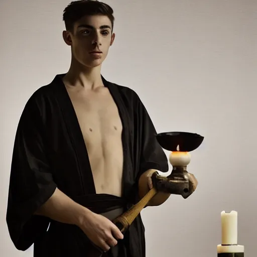Image similar to attractive kai havertz wearing monk robes holding candlestick. natural lighting by ruan jia, portrait