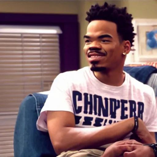 Image similar to a tv still of Chance The Rapper starring as a college student in a 1998 sitcom, 40mm lens