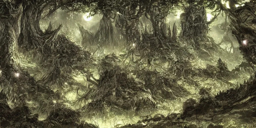 Image similar to a beautiful spiritual night forest concept art, with creatures hiding behind the trees by masanori warugai and kentaro miura