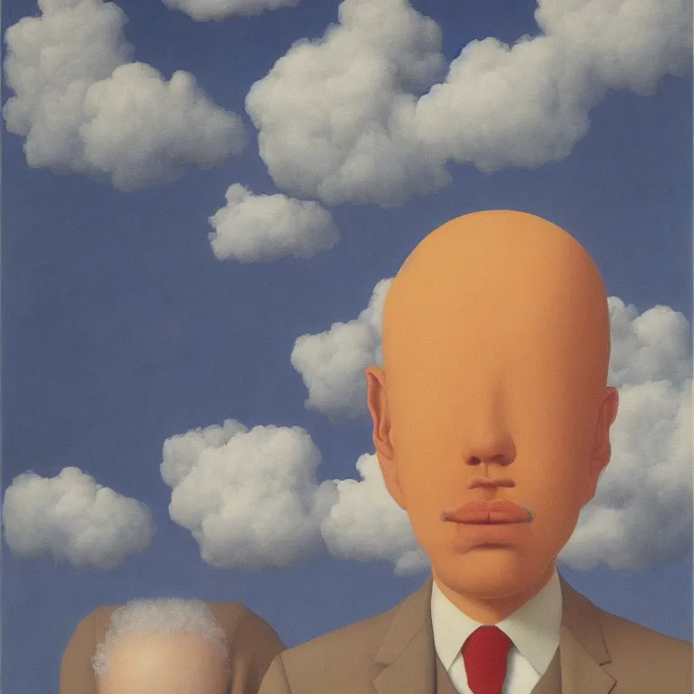 Image similar to portrait of a cloud head man by rene magritte, detailed painting, hd, hq, high resolution, high detail, 4 k, 8 k