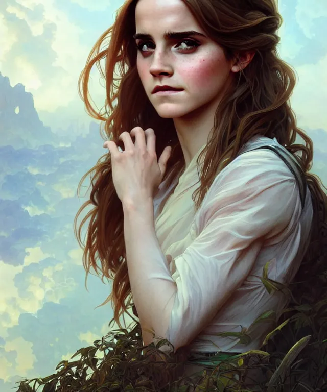 Prompt: Emma Watson as a nature prophet, sci-fi, amber eyes, face, long hair, fantasy, intricate, elegant, highly detailed, digital painting, artstation, concept art, smooth, sharp focus, illustration, art by artgerm and greg rutkowski and alphonse mucha