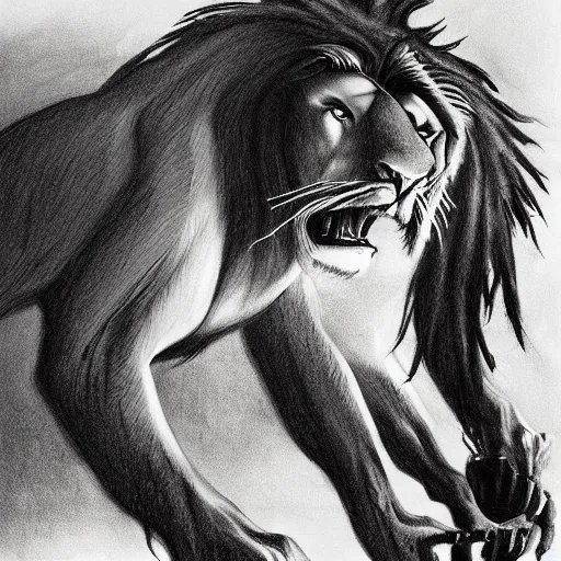 Image similar to Black and white drawing of Scar killing Mufasa from The Lion King, Stephen Gammell style, evil, high detail, Scary Stories