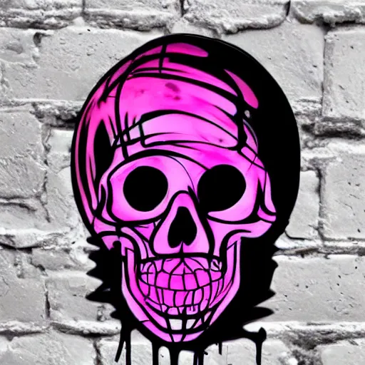 Image similar to a 3 d wireframe pink cartoon skull spray painted on a black background with dripping pink spray paint, three fourths view, graffiti, black background!!!!!