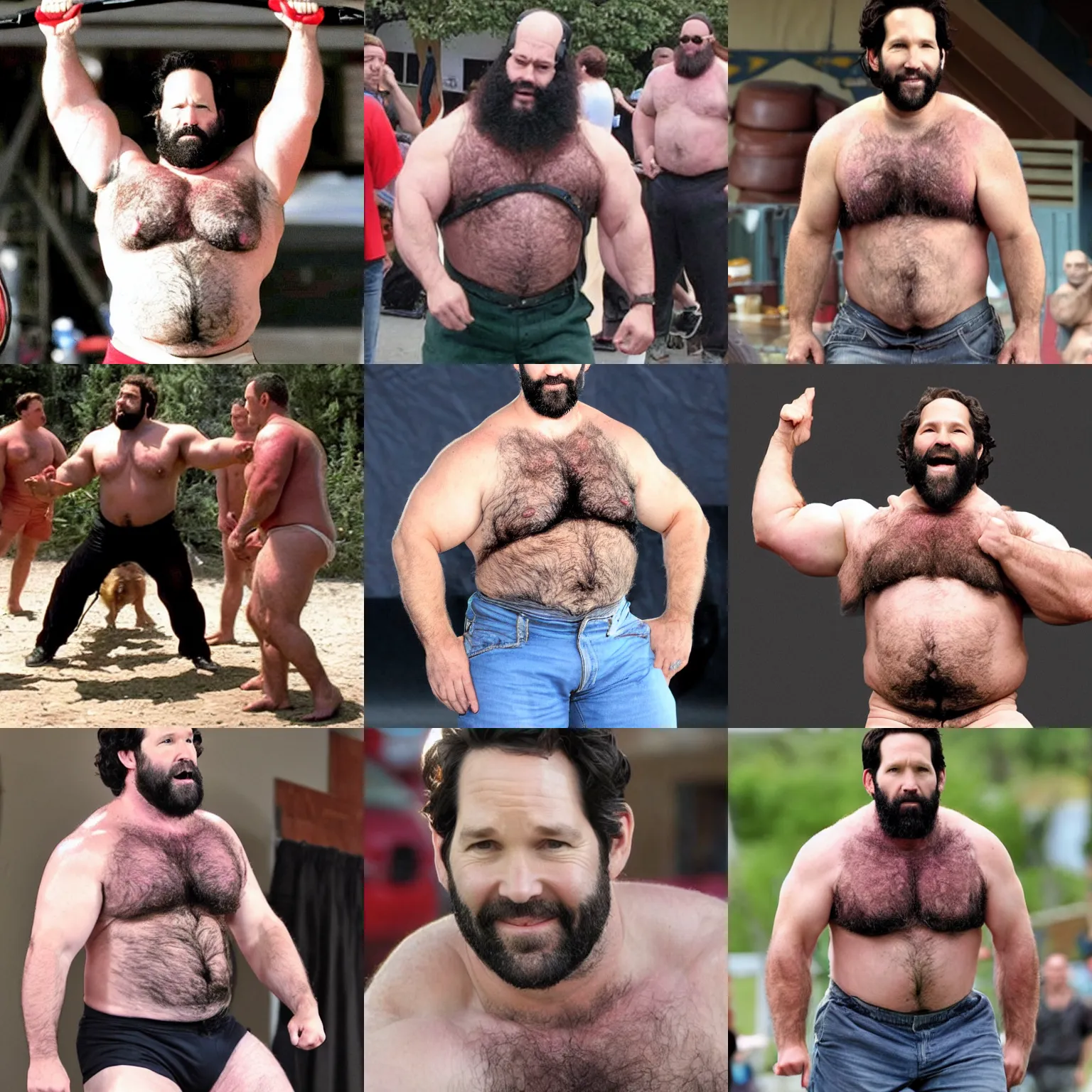 Prompt: paul rudd as a burly padded strongman, hairy