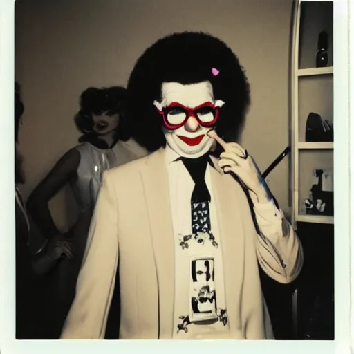 Image similar to polaroid photo of Ronald McDonald putting on makeup in the dressing room, premiere nerves, style of Karl Lagerfeld