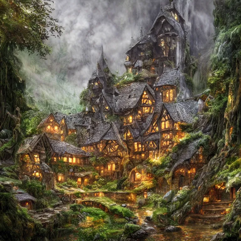 Image similar to inside a medieval hobbit home, ornate, beautiful, mist, smoke, chimney, rain, waterfall, melting, snow, creek, lush, ice, bridge, forest, flowers, concept art illustration, color page, 4 k, tone mapping, magic realism, josephine wall, huang guangjian, viktoria gavrilenko, amanda sage, trending on artstation