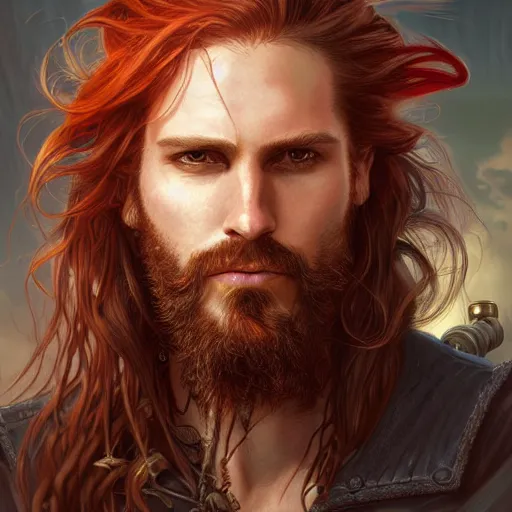 Image similar to rugged playful pirate, 3 0 years old, male, handsome, masculine, red hair, long hair, soft hair, fantasy, intricate, elegant, highly detailed, steampunk, airship, digital painting, artstation, concept art, character art, smooth, sharp focus, illustration, art by artgerm and greg rutkowski and alphonse mucha