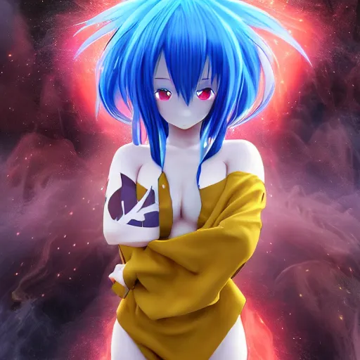 Prompt: rimuru tempest from that time i got reincarnated as a slime, with long blue hair in a ponytail, with bangs, pale skin, yellow eyes, fully clothed in red robes, highly detailed, 8 k, octane render, trending on pixiv, realistic, volumetric lighting, rippling water, sprites, god rays,