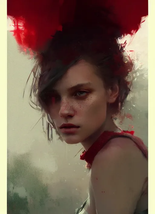 Image similar to outdoor portrait of a beautiful girl, shades of red and green, beautiful face, rule of thirds, intricate outfit, spotlight, by greg rutkowski, by jeremy mann, digital painting