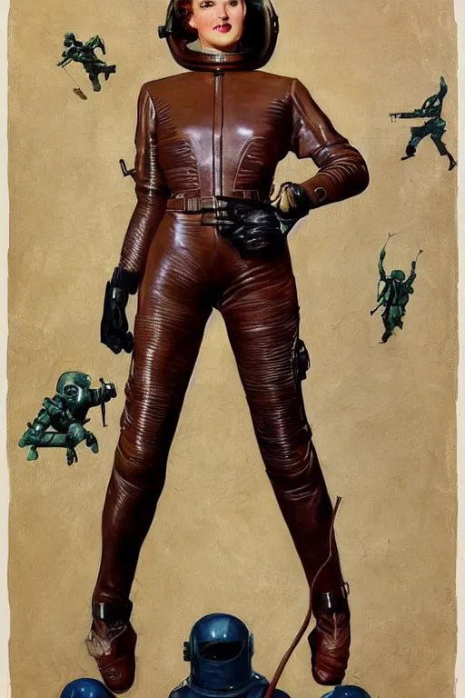 Image similar to 5 0 s pulp scifi fantasy illustration full body portrait slim mature woman in leather spacesuit, aiming shooting dynamic pose, by norman rockwell, roberto ferri, daniel gerhartz, edd cartier, jack kirby, howard v brown, ruan jia, tom lovell, frank r paul, jacob collins, dean cornwell, astounding stories, amazing, fantasy, other worlds