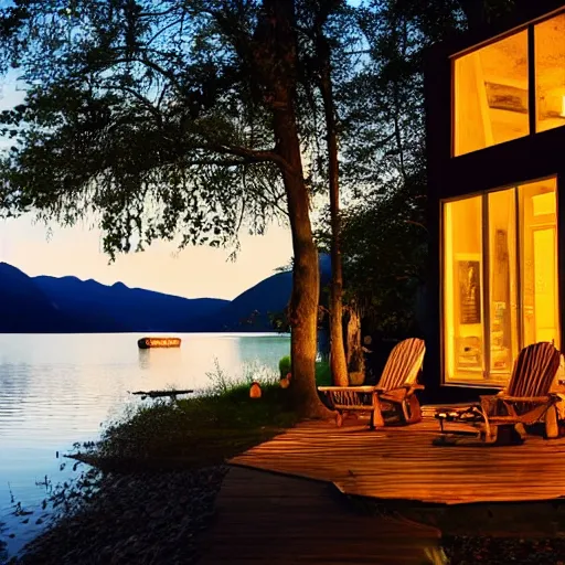 Image similar to A cottage with a big picture window light up by a lake Surrounded by trees and mountains in the background and beach chairs and trees in the foreground at night