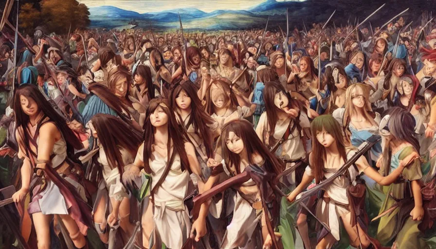 Image similar to jesus christ our lord leading an army of anime girls into battle, photorealistic, anime, mini skirt, long hair, renaissance painting, hyper real, detailed, closeup shot, ultra detailed