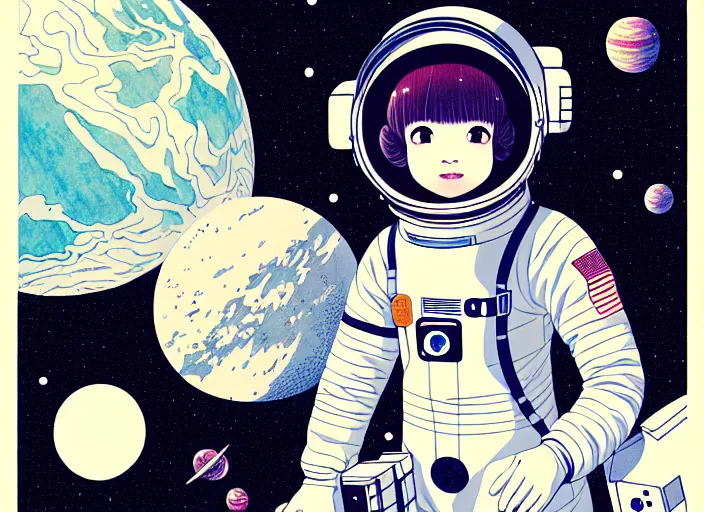 Image similar to portrait of a young astronaut girl floating inside a spacestation,ink stippling, Karolis Strautniekas,omoide emanon, tsuruta kenji, murata range,kawaii, kyoto animation, manga, intricate, detailed, studio lighting, gradation,editorial illustration, matte print, Ilya Kuvshinov