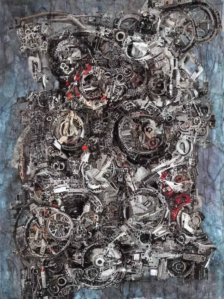 Image similar to peace via tyranny, mechanical, stoic, mixed media,