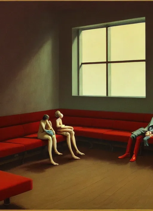 Image similar to inside a waiting room, Edward Hopper and James Gilleard, Zdzislaw Beksinski, Mark Ryden, Wolfgang Lettl highly detailed, hints of Yayoi Kasuma