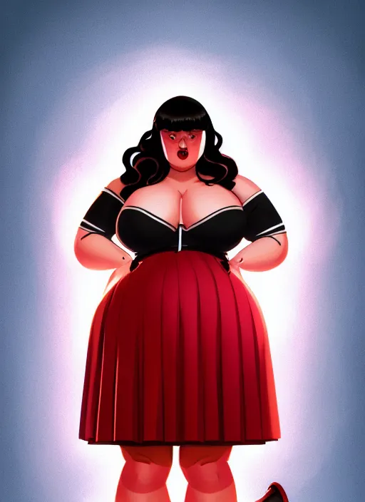 Image similar to full body portrait of teenage veronica lodge, obese, bangs, sultry, realistic, sultry smirk, wavy hair, red skirt, fat, belly, intricate, elegant, glowing lights, highly detailed, digital painting, artstation, concept art, smooth, sharp focus, illustration, art by wlop, mars ravelo and greg rutkowski